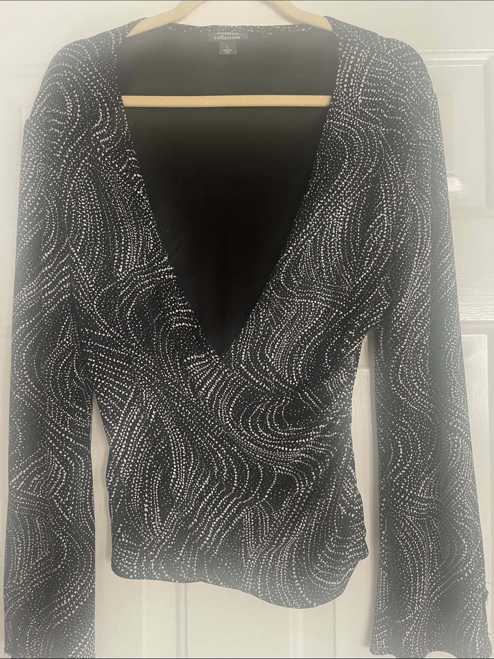 Dress Barn Black Long Sleeve Sparkle Surplice Top